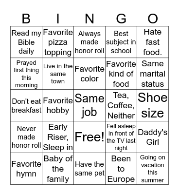 Sister Bingo Card