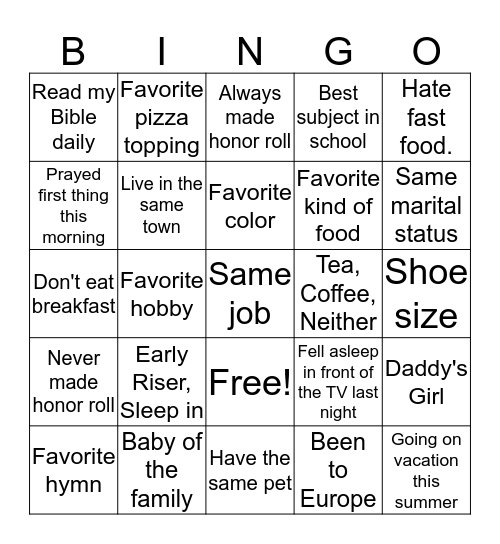 Sister Bingo Card