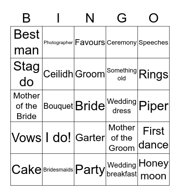 Bridal Bingo Card