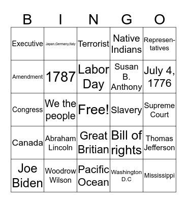 Citizenship Bingo Card