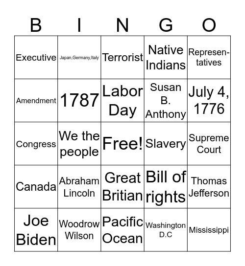 Citizenship Bingo Card