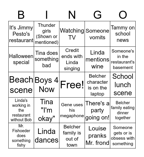 Bob's Burgers Bingo Card