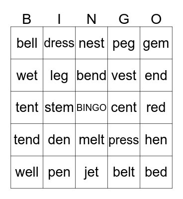 E WORDS Bingo Card