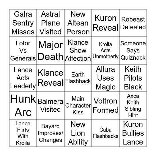 Voltron Season 6 Bingo Card