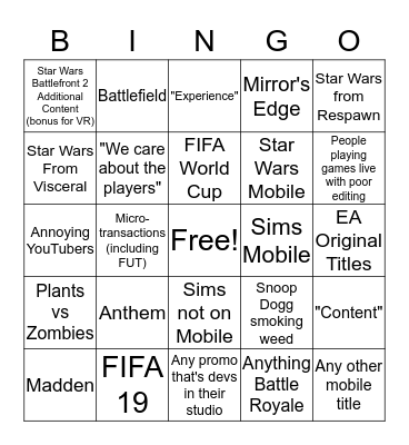 EA Play 2018 Bingo Card