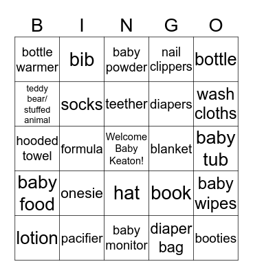 Welcome Baby Keaton Bingo Card