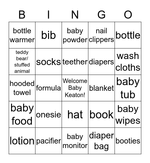 Welcome Baby Keaton Bingo Card