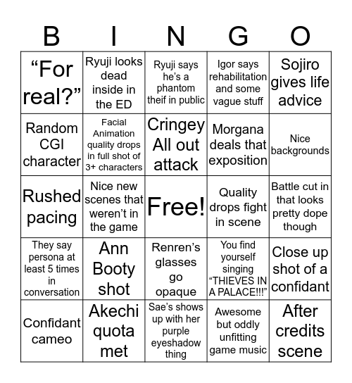 Persona5 the Questionable Animation Bingo Card