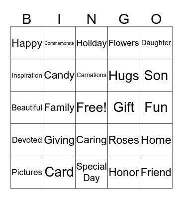 Bethlehem's Mother's Day Bingo Card