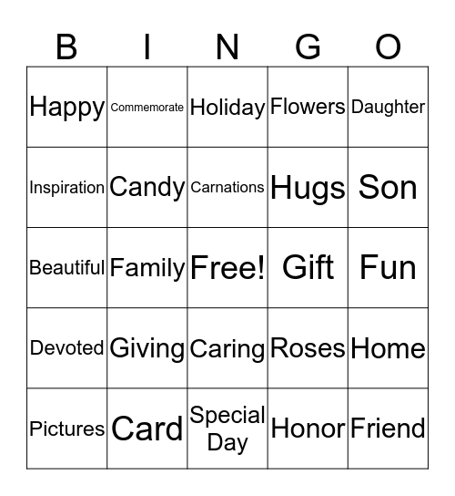 Bethlehem's Mother's Day Bingo Card