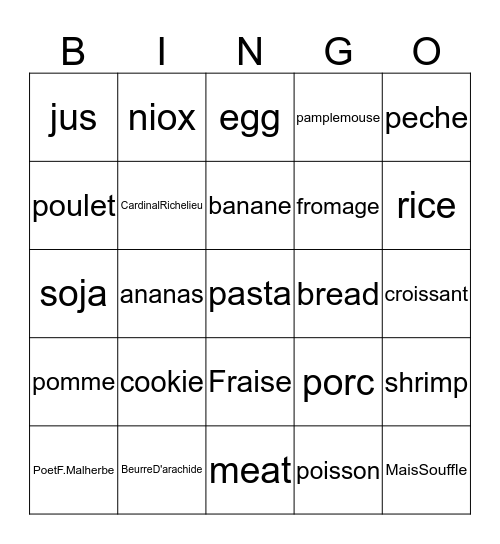 French Bingo October 18/2013 Bingo Card