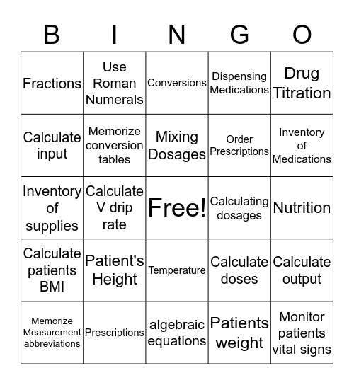 Nursing Bingo Card