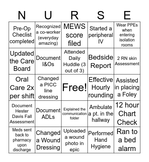 Nursing Week Bingo Card