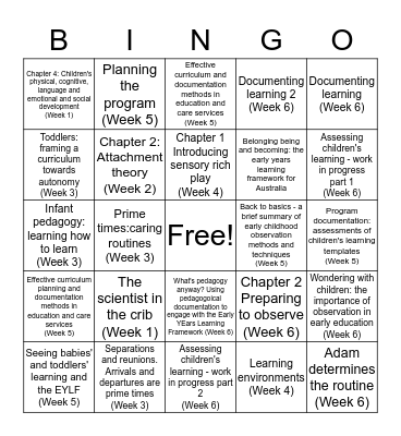 Readings BINGO Card