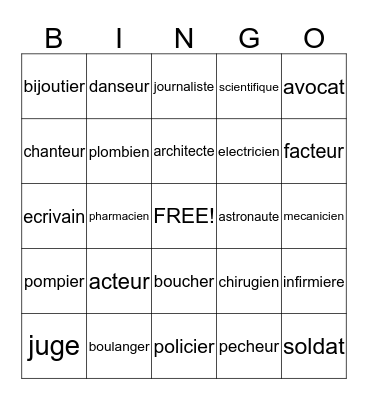 Les Professions Bingo Card