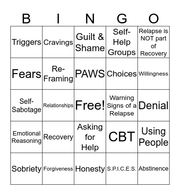 Recovery Bingo Card