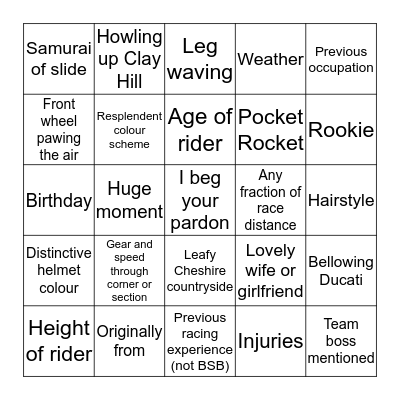 Oulton Park Bingo Card