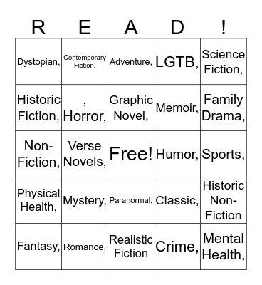 YA SUMMER READING CHALLENGE Bingo Card