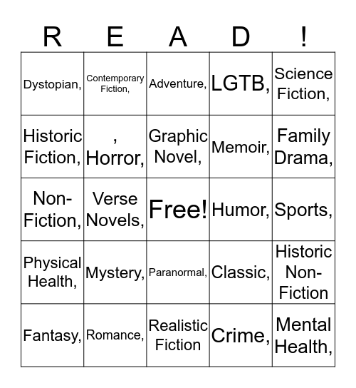 YA SUMMER READING CHALLENGE Bingo Card