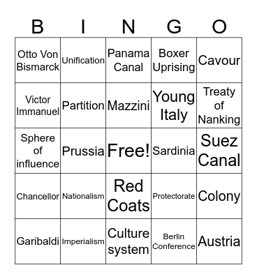 Nationalism/Imperialism Bingo Card