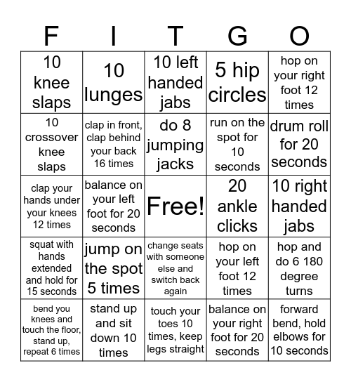 FITNESS BINGO! Bingo Card