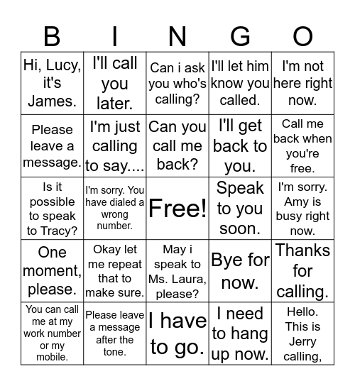 Telephone Message Bingo Card