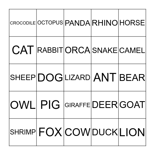ANIMAL Bingo 1 Bingo Card