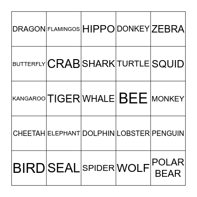 ANIMAL Bingo 2 Bingo Card