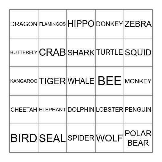 ANIMAL Bingo 2 Bingo Card