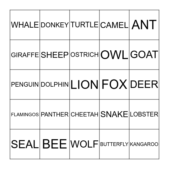 ANIMAL Bingo 3 Bingo Card