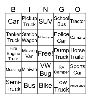 Car/ Transportation Bingo Card