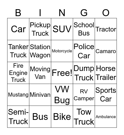 Car/ Transportation Bingo Card