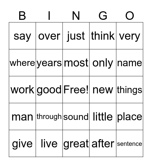 Fry Second 100 Words 1-30 Bingo Card