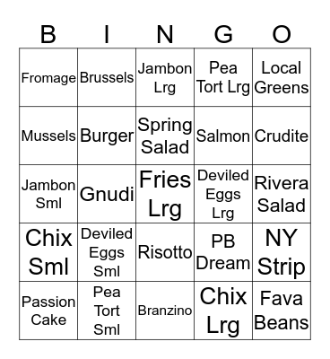 Spring Menu 2018 Bingo Card