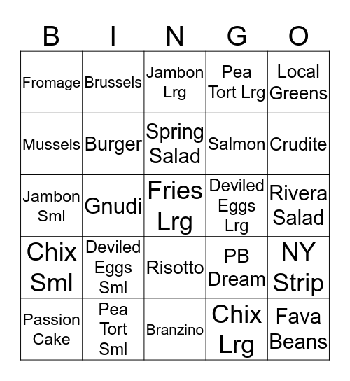 Spring Menu 2018 Bingo Card