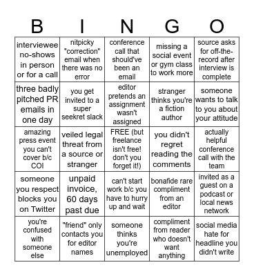 Freelance Journalist Bingo Card