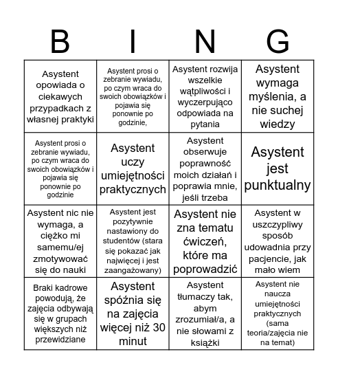 Bingo kliniczne Bingo Card