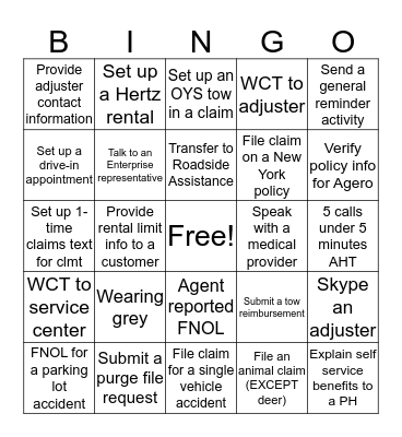 Claims Call Center Bingo Card