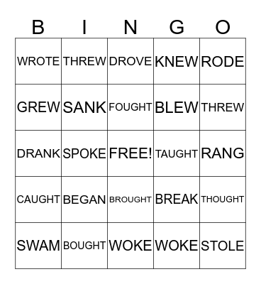 IRREGULAR PAST TENSE VERBS Bingo Card