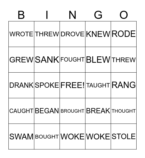 IRREGULAR PAST TENSE VERBS Bingo Card