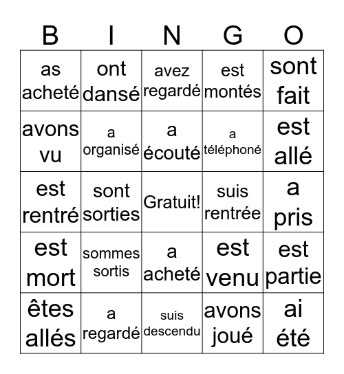 Passe Compose with Etre et Avoir Bingo Card