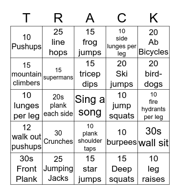 Track Fitness Bingo Card