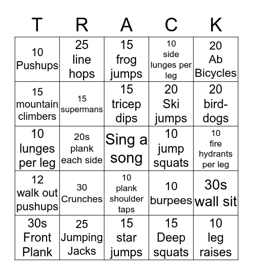 Track Fitness Bingo Card