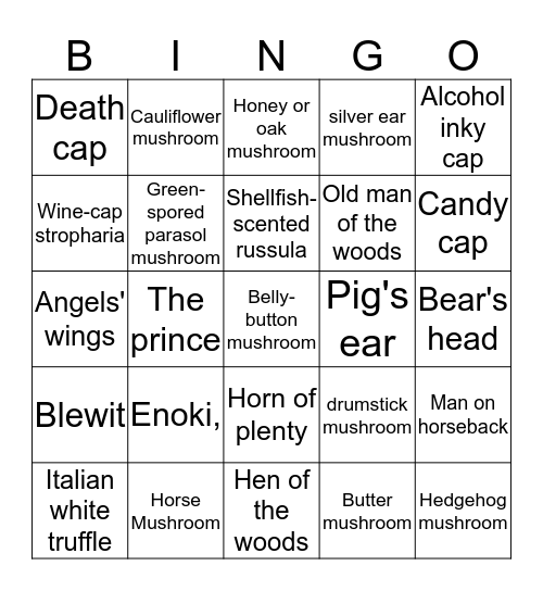 Different Mushrooms Bingo Card