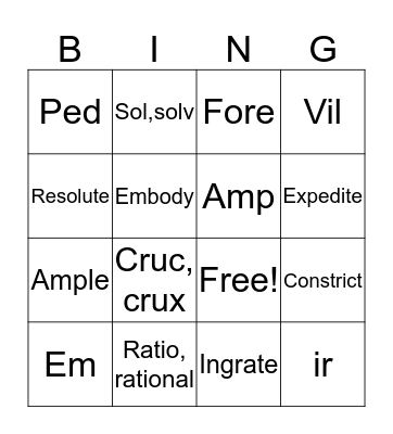 Vocab and Roots - Weeks 29-34 Bingo Card