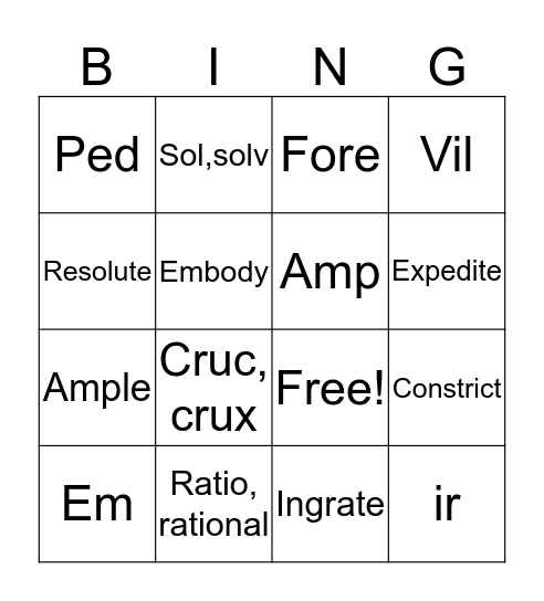 Vocab and Roots - Weeks 29-34 Bingo Card