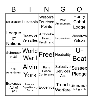 WWI and Roaring 20s Bingo Card
