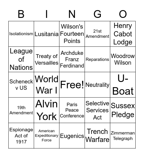 WWI and Roaring 20s Bingo Card