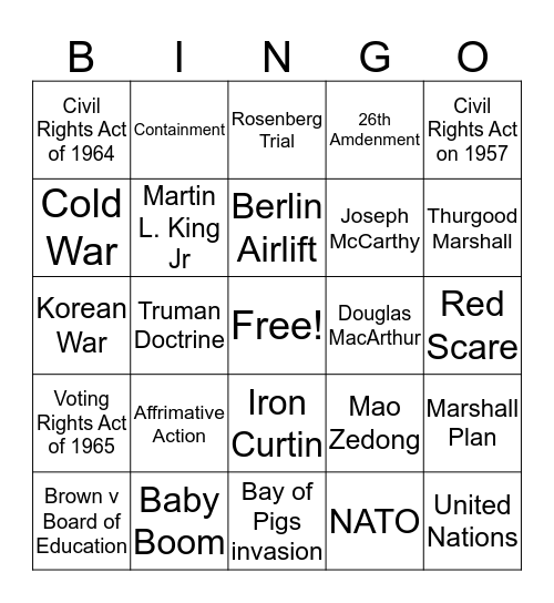 Cold War and Civil Rights Bingo Card