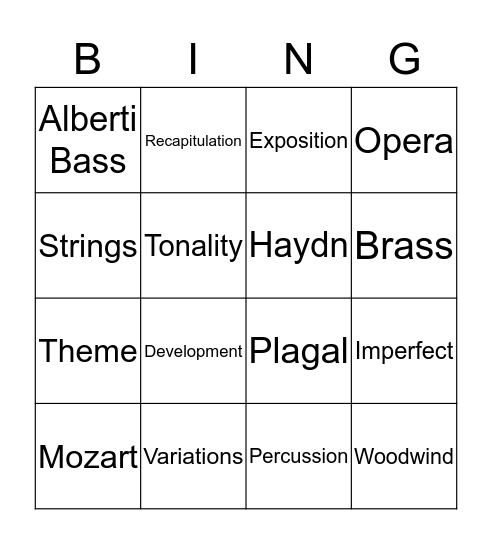 Music Vocabulary Recap Bingo Card